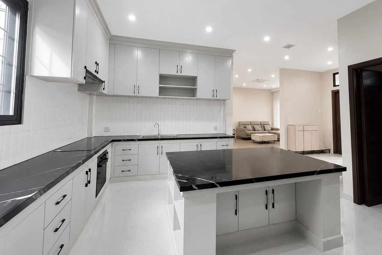 Fitted kitchen with black marble island Fitted kitchen with black marble island – villa 3 bedrooms with shared pool, Sisattanak expat area, Vientiane