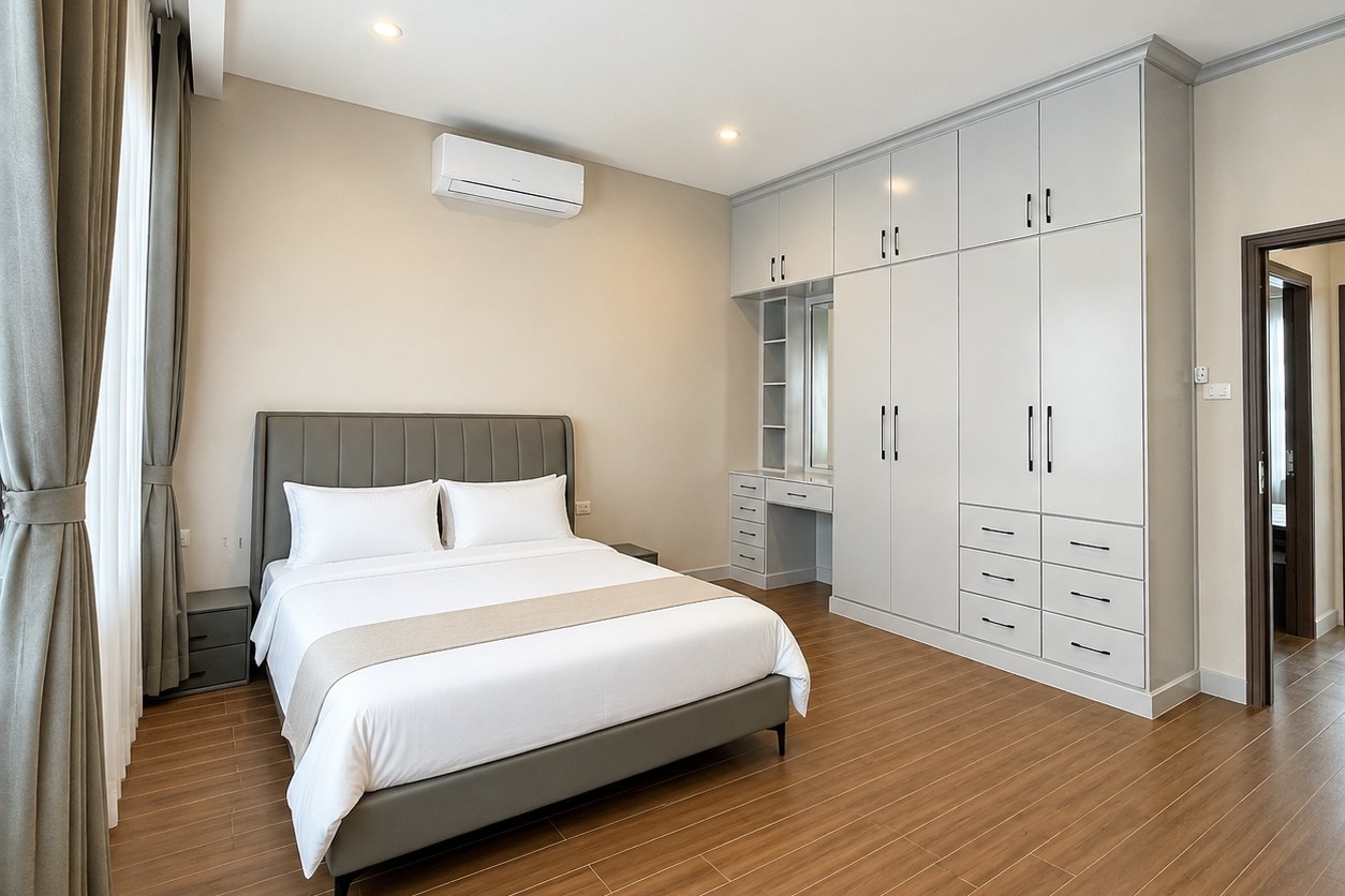 Master bedroom with fitted wardrobe and dressing table Master bedroom with fitted wardrobe and dressing table – villa 3 bedrooms with shared pool, Sisattanak expat area, Vientiane