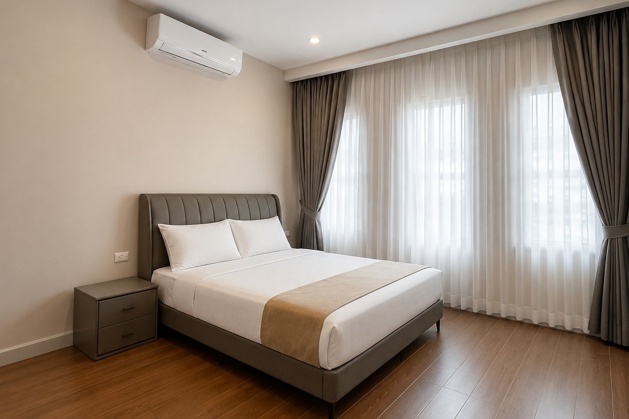 Bedroom with double bed and air conditioning Bedroom with double bed and air conditioning – villa 3 bedrooms with shared pool, Sisattanak expat area, Vientiane