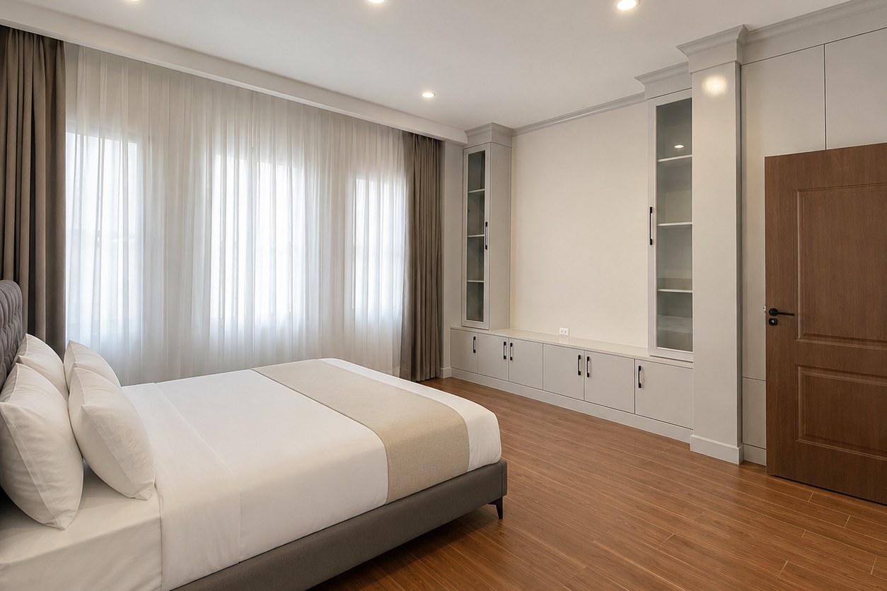 Bedroom with built-in cabinets and large windows Bedroom with built-in cabinets and large windows – villa 3 bedrooms with shared pool, Sisattanak expat area, Vientiane