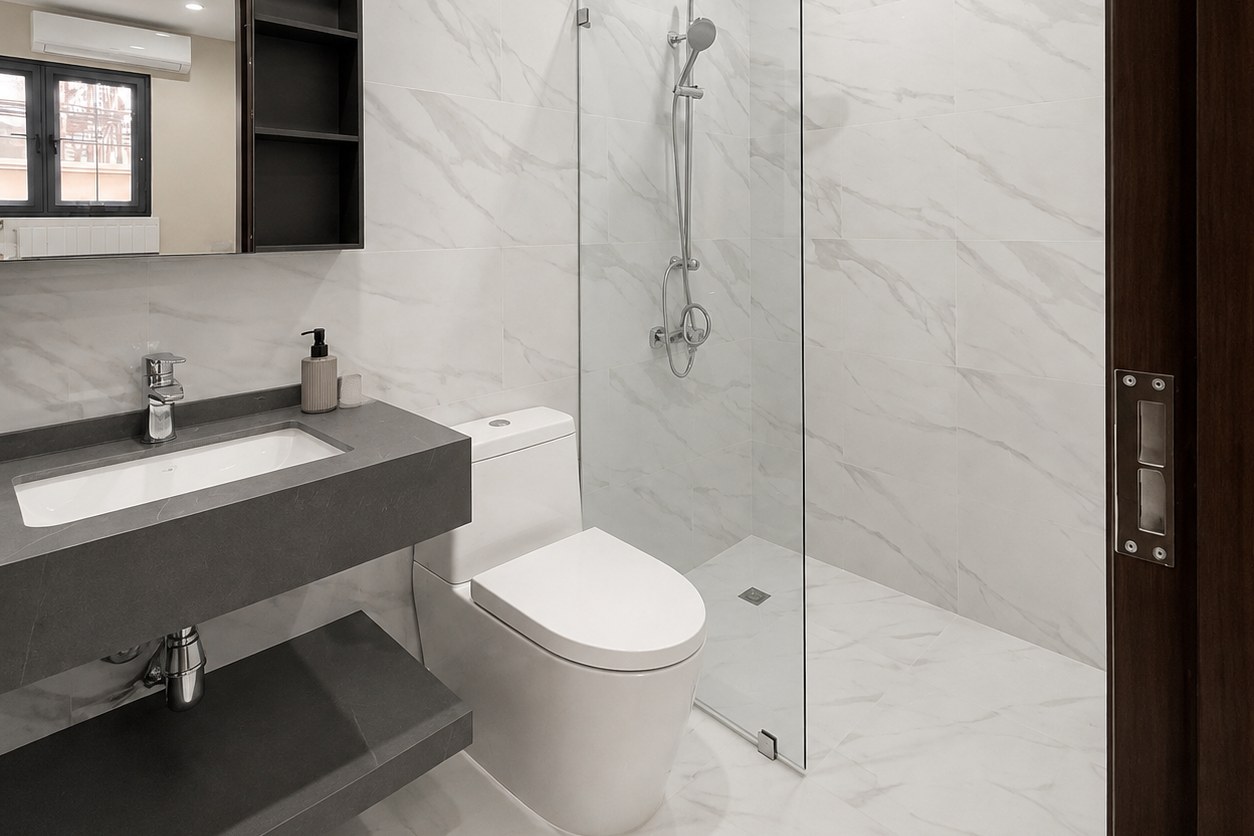 Modern bathroom with walk-in shower Modern bathroom with walk-in shower – villa 3 bedrooms with shared pool, Sisattanak expat area, Vientiane