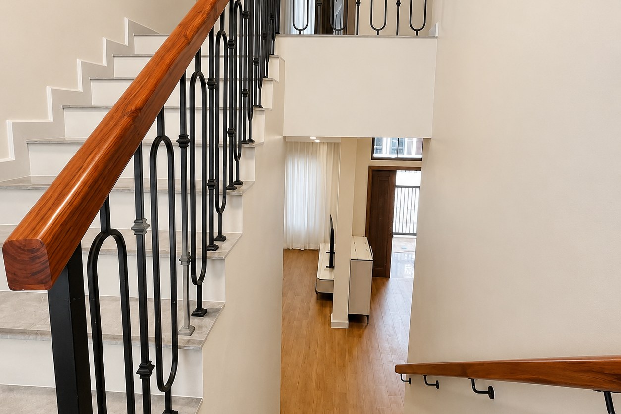 Staircase with wrought-iron railing and wooden handrail Staircase with wrought-iron railing and wooden handrail – villa 3 bedrooms with shared pool, Sisattanak expat area, Vientiane