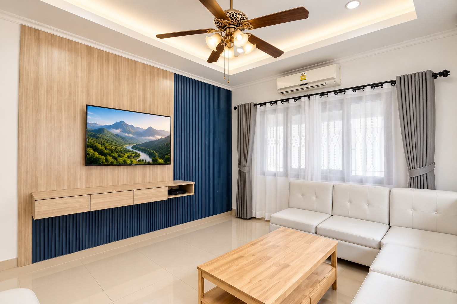 Villa 4 bedrooms for rent in Sisattanak near Parkson, Vientiane – Living room with corner sofa and TV